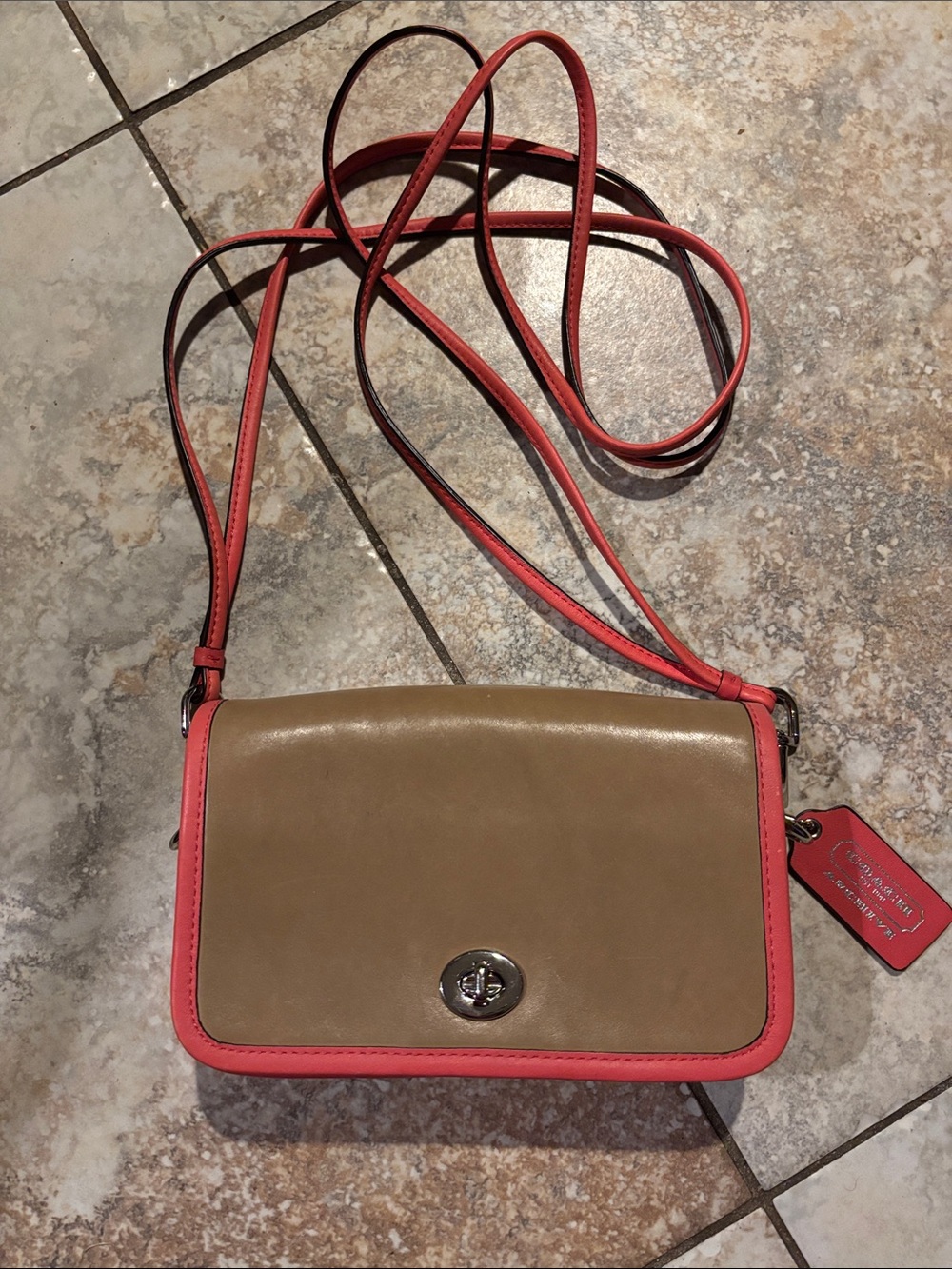 Coach Taupe Crossbody with Coral Trim